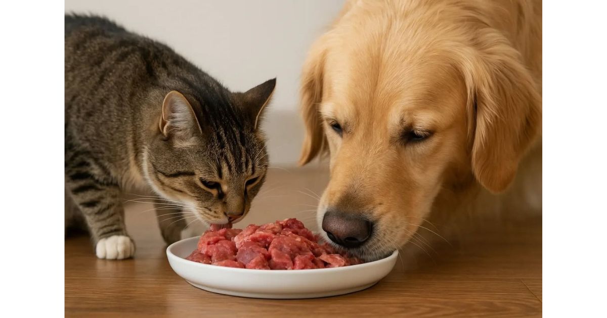 Un gato atigrado y un perro Golden Retriever comparten un plato blanco con trozos de carne fresca picada sobre un suelo de madera. Ambos animales están concentrados disfrutando de su alimento, ilustrando la convivencia armoniosa y una alimentación saludable.