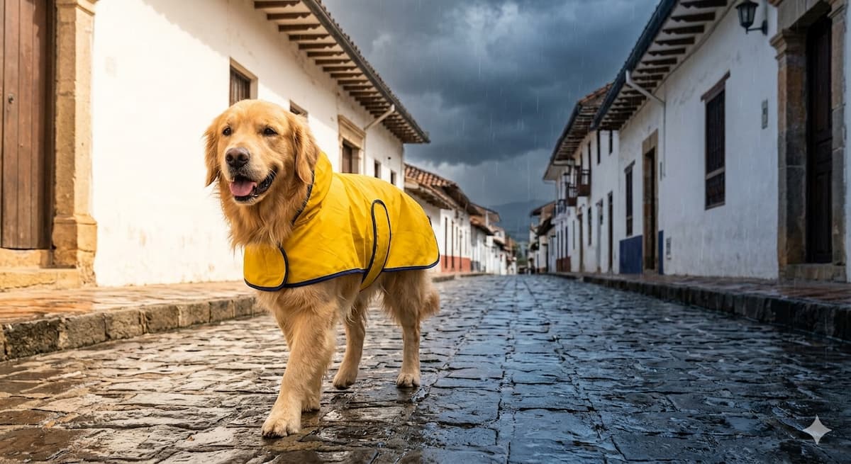 Perro con impermeable amarillo caminando por una calle empedrada de Cuenca, ilustrando los cambios bruscos de clima entre el sol y la lluvia.