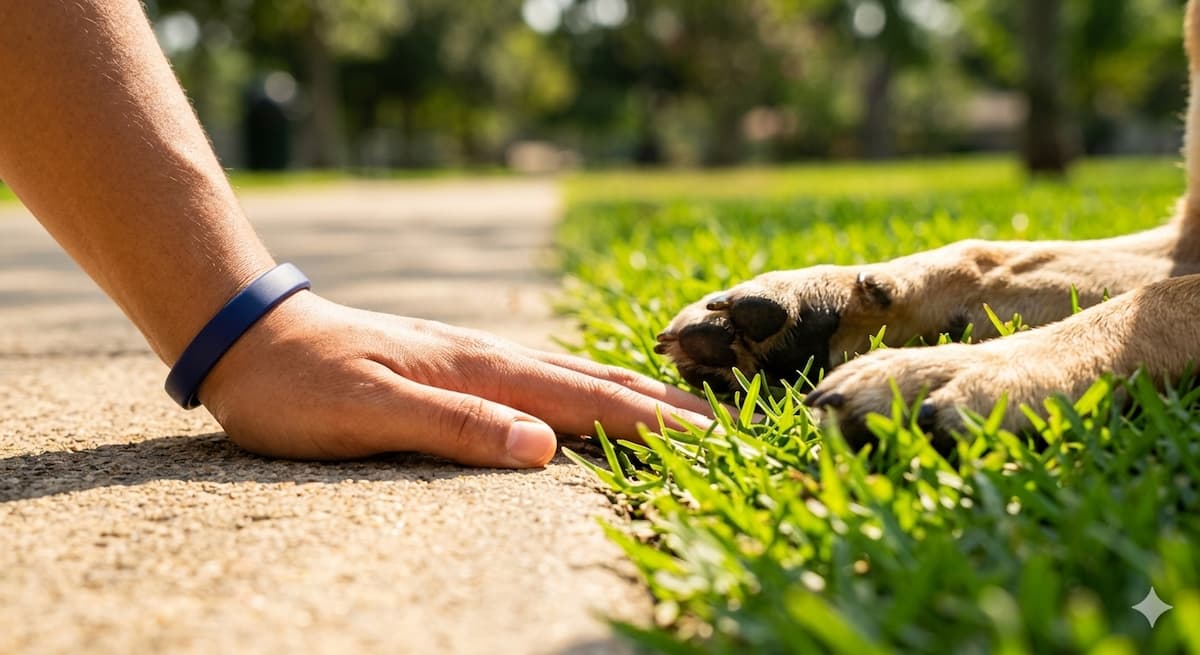 Mano de una persona comprobando la temperatura del pavimento caliente bajo el sol, mientras las patas de un perro descansan seguras sobre el césped.