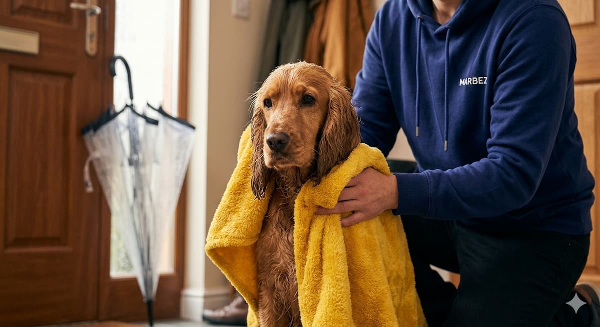 Persona secando cuidadosamente el pelaje y las patas de su perro con una toalla después de un paseo bajo la lluvia.