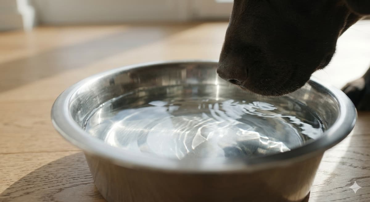 Plato moderno con agua fresca y limpia, fundamental para mantener la hidratación y regular la temperatura de las mascotas.